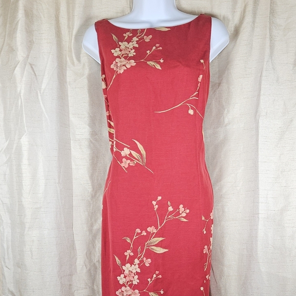 Jones New York red tan pink floral silk linen sheath dress Womens 14 - Picture 8 of 8